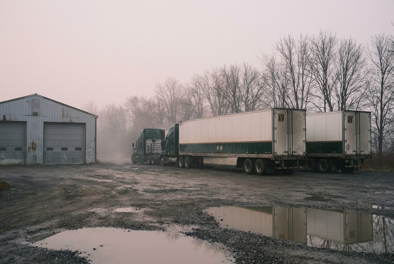 Cour de Transport Yan Mondor à l’aube, camions et remorques stationnés devant le garage, brume au sol