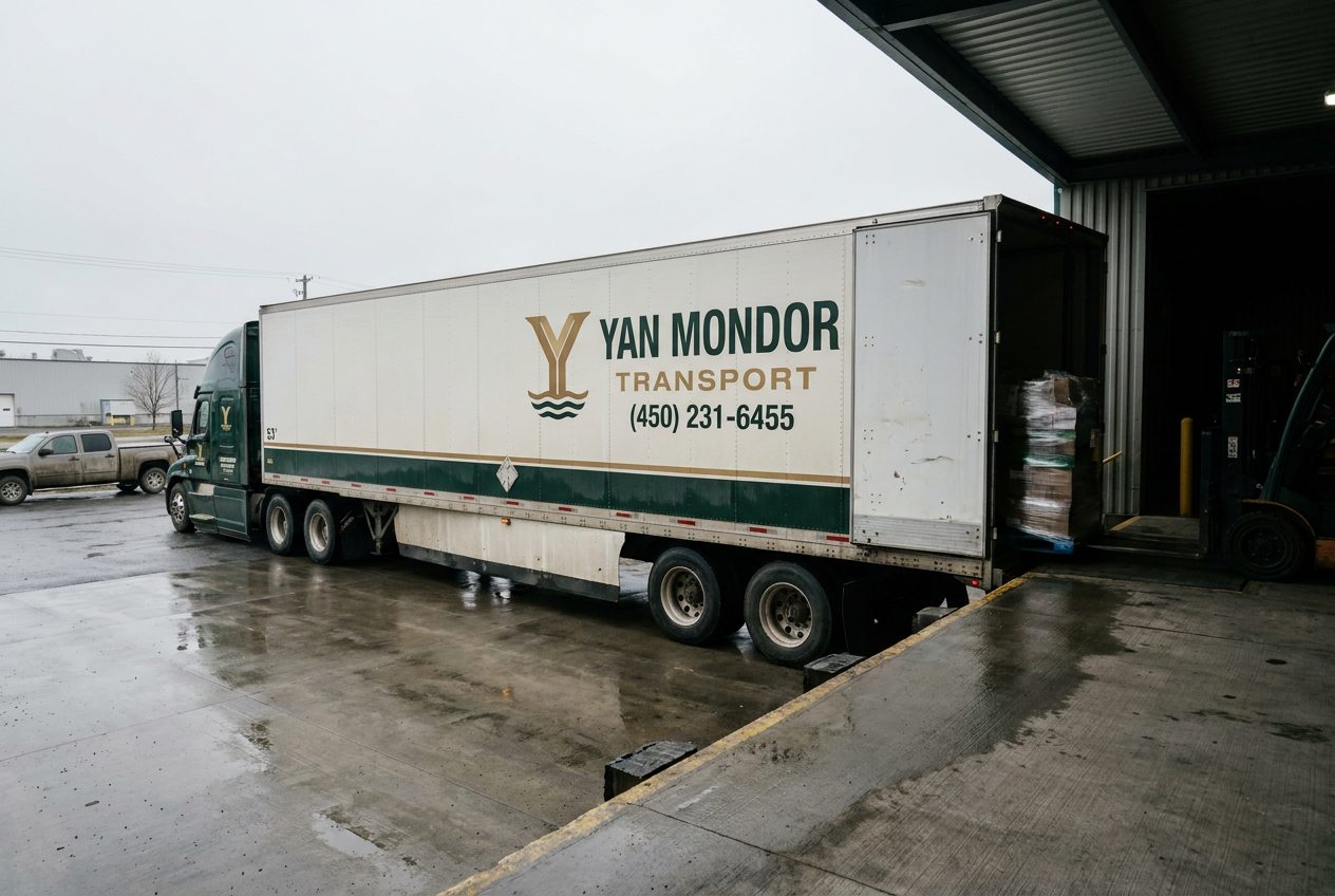 Remorque de Transport Yan Mondor reculée à un quai de chargement, porte ouverte sur des palettes filmées